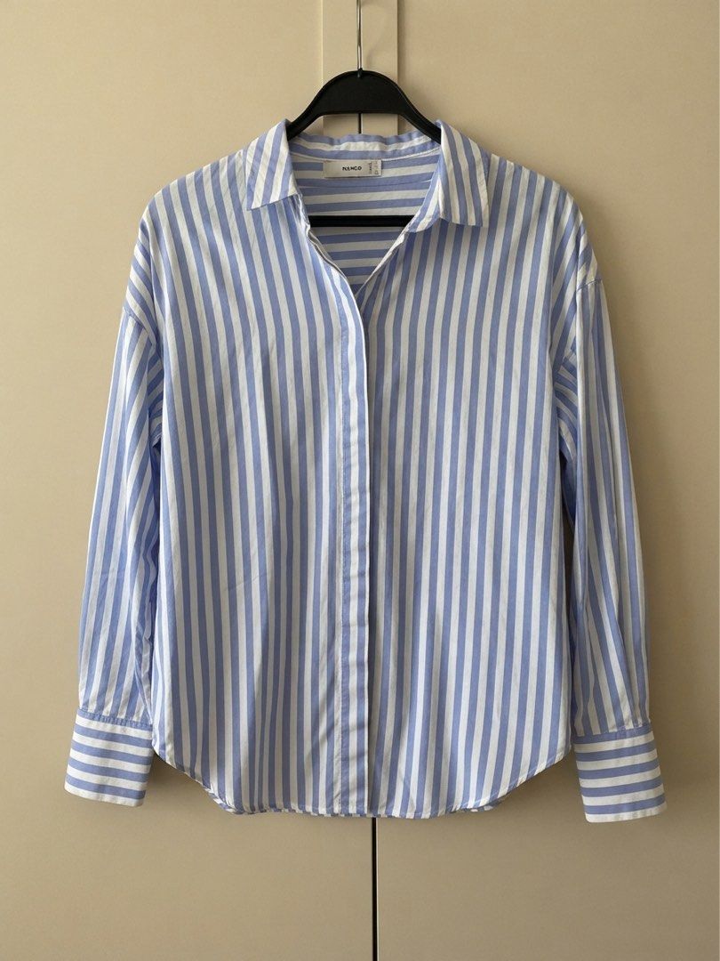 MANGO blue-and-white striped long-sleeve button-down shirt (Category: Longsleeves) located in Nagcarlan. Submitted by snccollection (Listing ID 1463971491, Image 2). Description: Worn twice. 10/10 Condition. Authentic Mango. RFS: Decluttering.