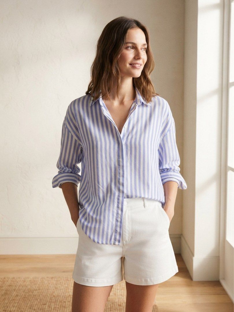 MANGO blue-and-white striped long-sleeve button-down shirt (Category: Longsleeves) located in Nagcarlan. Submitted by snccollection (Listing ID 1463971491, Image 1). Description: Worn twice. 10/10 Condition. Authentic Mango. RFS: Decluttering.