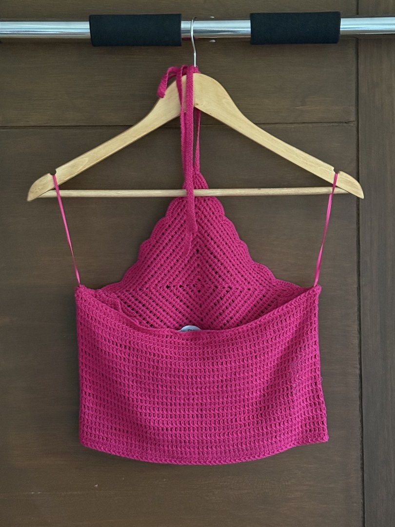Mango Fuchsia Pink Crochet Halter Top (Category: Sleeveless) located in Tarlac. Submitted by samdeclutters_ (Listing ID 1463979010, Image 2). Description: - Size: XS - Fabric: Crochet / Knit - Used once - RFS: Pink is not my color 🥲.
