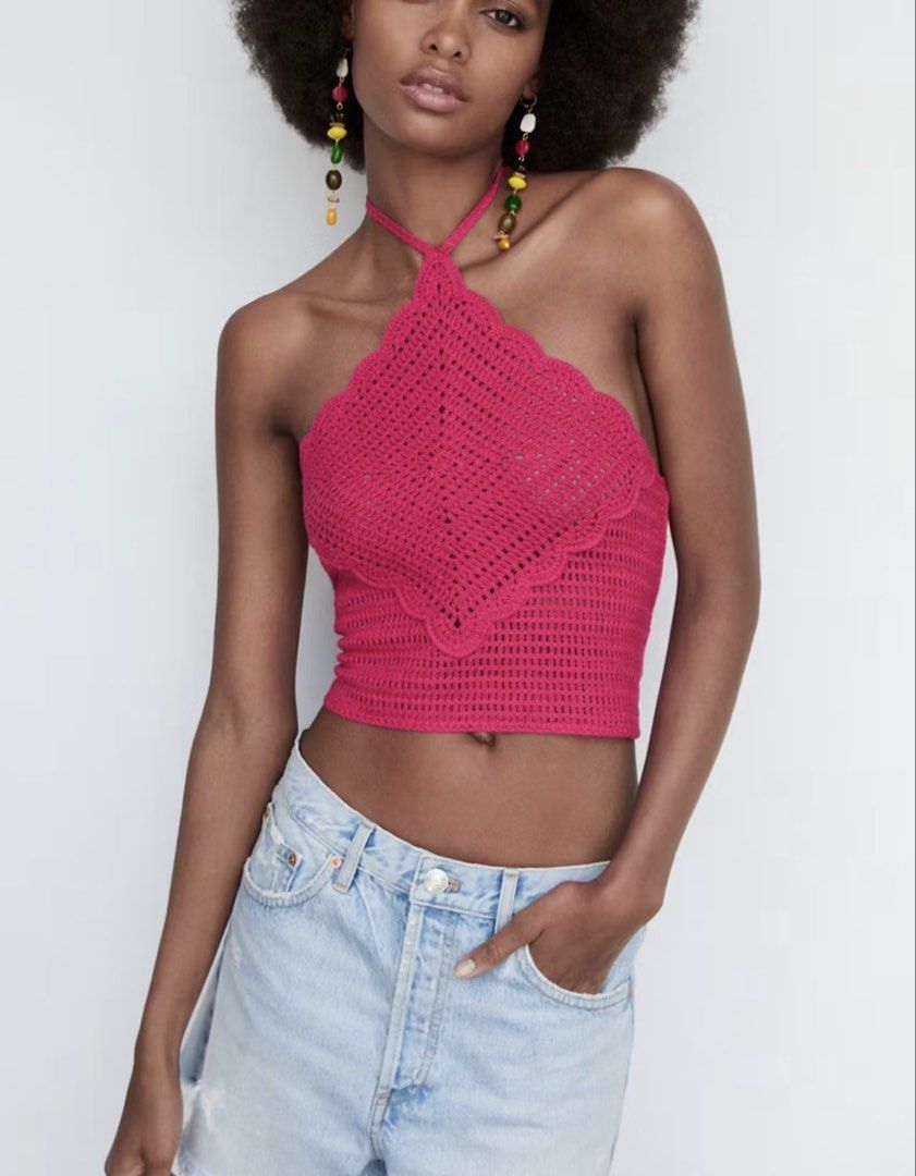 Mango Fuchsia Pink Crochet Halter Top (Category: Sleeveless) located in Tarlac. Submitted by samdeclutters_ (Listing ID 1463979010, Image 3). Description: - Size: XS - Fabric: Crochet / Knit - Used once - RFS: Pink is not my color 🥲.