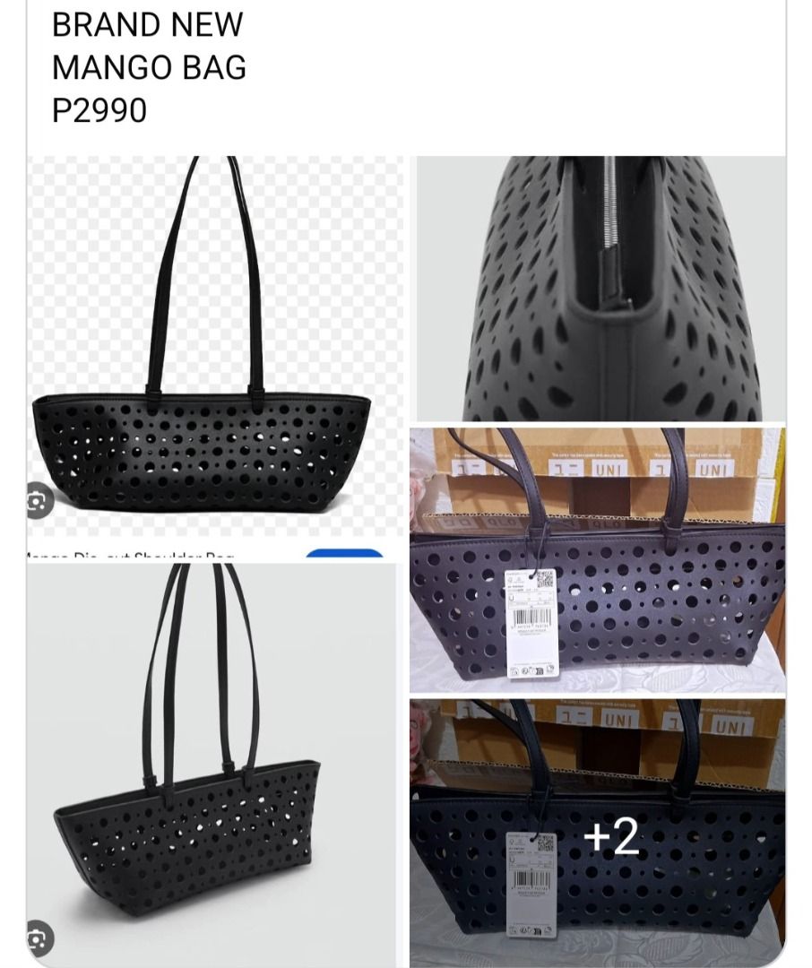 Mango Perforated Tote Bag (Category: Tote Bags) located in Manila. Submitted by katkween23 (Listing ID 1464037535, Image 1). Description: - Brand new Black Mango tote bag - Stylish perforated design - Spacious, ideal for everyday use - Two comfortable shoulder straps - Comes with original tags - Never been used.