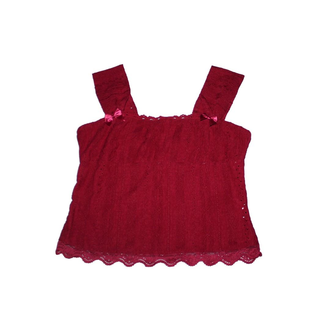 Maroon Lace Trim Tank Top with Bows (Category: Sleeveless) located in Tanauan. Submitted by arlene_panganiban (Listing ID 1463996591, Image 1). Description: - Cute maroon tank top - Features delicate lace trim along the bottom hem - Adorable pink bows on the straps - Textured fabric for added detail - Versatile for casual outfits or layering.