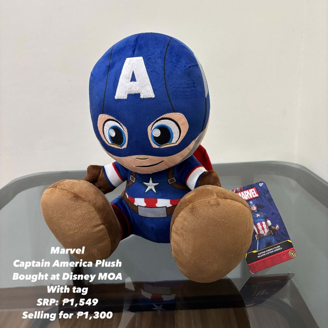 Marvel Captain America Plush from Disney (Category: Plushies & Soft Toys) located in Rizal. Submitted by chloeysabelperez-gonzalez (Listing ID 1464030283, Image 1). Description: - Authentic Marvel Captain America plush toy - Purchased from Disney MOA - Comes with original tag - Features iconic Captain America design - Soft and cuddly material - Ideal for collectors and fans Please check photos for details! 📥 Message me for more photos/videos. 💸