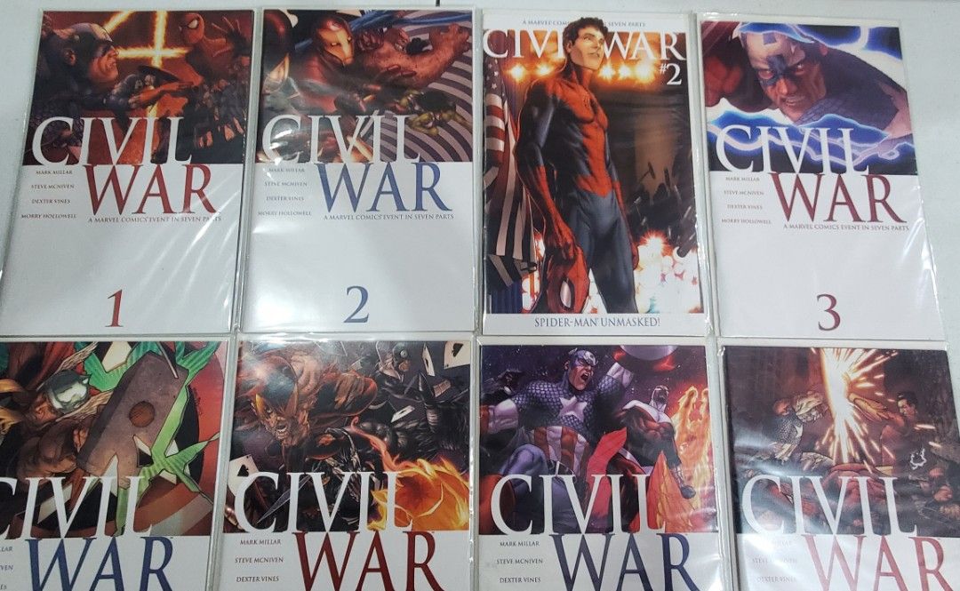 Marvel Comics Civil War Complete Series 1-7 with extra issue #2 (Category: Comics & Manga) located in Manila. Submitted by fruitloops84 (Listing ID 1463938820, Image 3). Description: - Complete Marvel Comics Civil War series (Issues 1-7) - Major Marvel comic event - All issues in protective sleeves - Perfect for any Marvel fan's collection -8 comics in all.