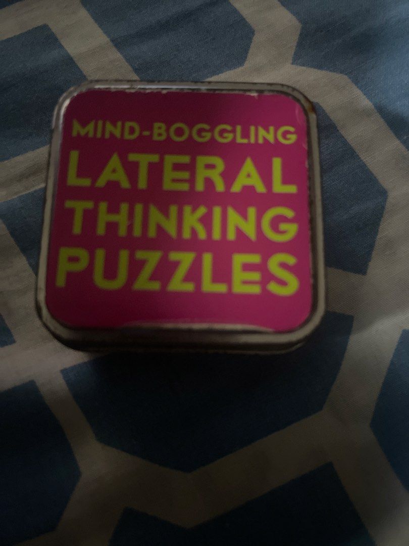 Mind-Boggling Lateral Thinking Puzzles Tin (Category: Board Games & Puzzles) located in Cabanatuan. Submitted by nathaniel_ang (Listing ID 1464036081, Image 1). Description: - 50 fantastically off-the-wall lateral-thinking puzzles - Perfect for dinner parties and getting everyone puzzling - Box contains 50 cards with puzzles - Made in China - Suitable for ages 8+.