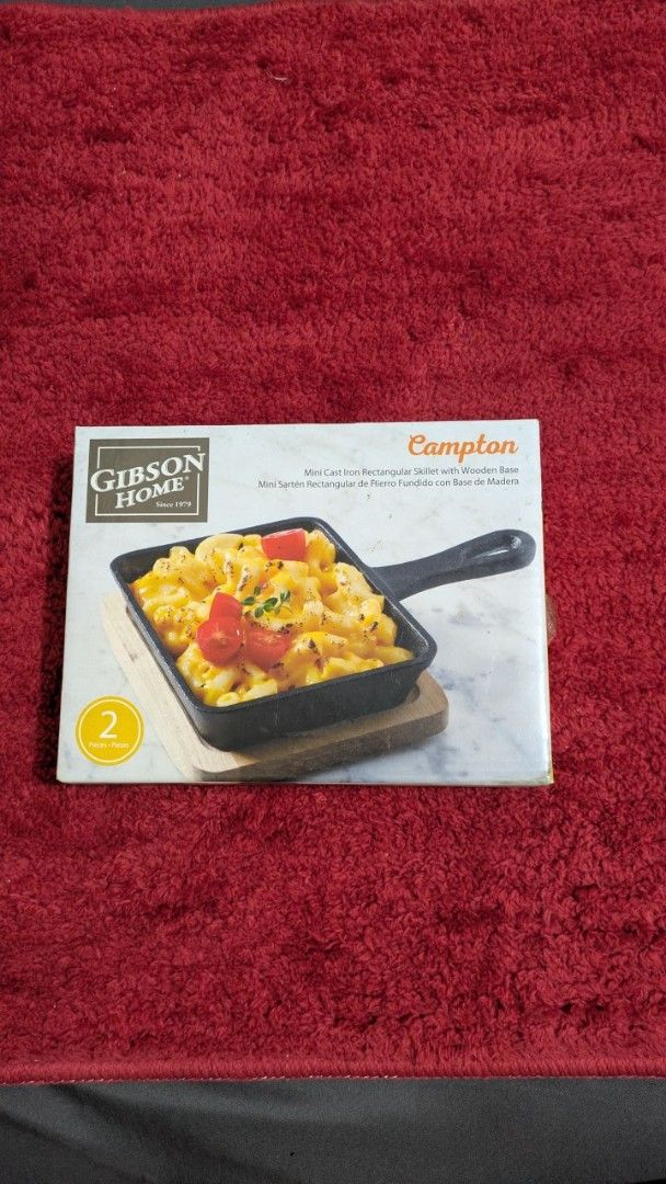 Mini Cast Iron Rectangular Skillet With Wooden Base Campton Gibson Home (Category: Cookware & Accessories) located in Makati City. Submitted by thedeclutterproject2019 (Listing ID 1464126005, Image 2). Description: - Mini cast iron square pan - Includes wooden base - Ideal for serving individual portions - Pan dimensions: approx. 4" x 4" - Wooden base is also square - Brand new, never used - Still in original packaging with silica gel packet. RFS