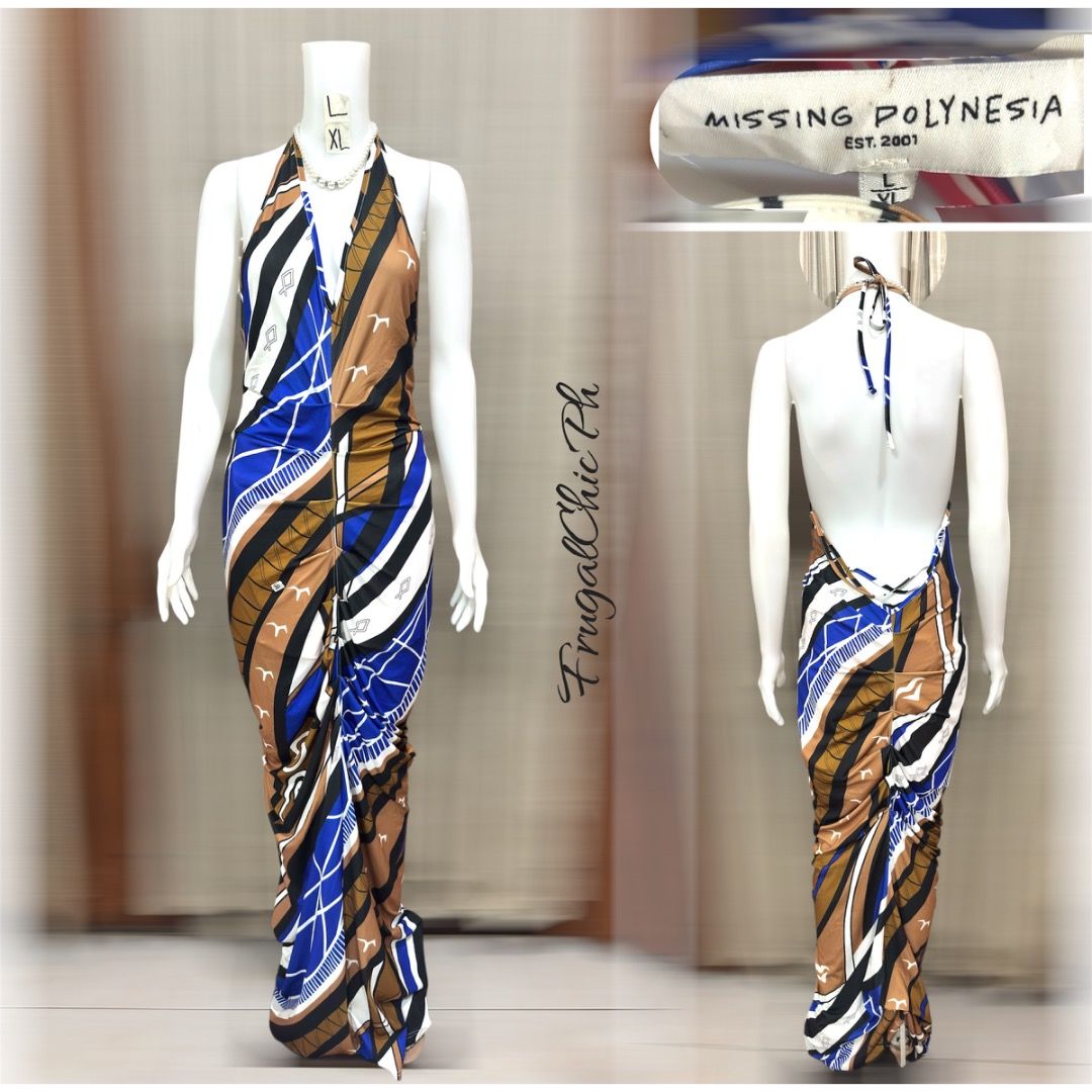 Missing Polynesia Halter Neck Maxi Dress (Category: Dresses) located in Cotabato. Submitted by thefashionproject88 (Listing ID 1463941160, Image 1). Description: - Halter neck maxi dress - Bold abstract print - Low back design - Side ruched detail - Beautifully draping fabric - Brand: Missing Polynesia - Perfect for vacations or nights out Brand: Pls Check Photo Details Style: HQ Dress Condition: EUC ☝🏻accessories not included ✌️Low Ballers will