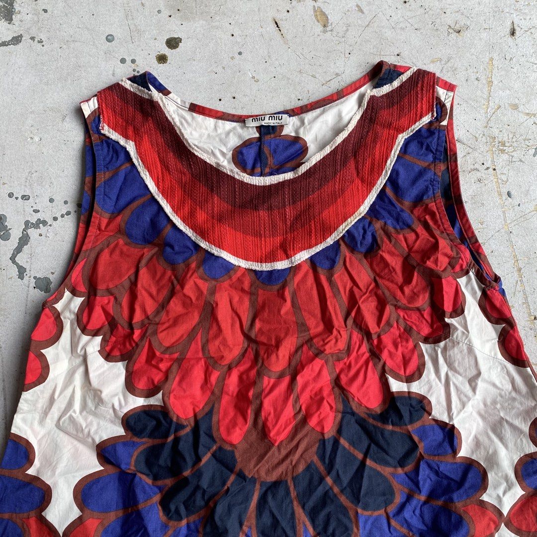 Miu Miu Multicolored Sleeveless Top (Category: Luxury Apparel) located in Quezon City. Submitted by rebirthalley (Listing ID 1464008228, Image 2). Description: Width-16 Length-21.5 Shoulder-12.5 Hem-21.5 Excellent Condition Need wash only.