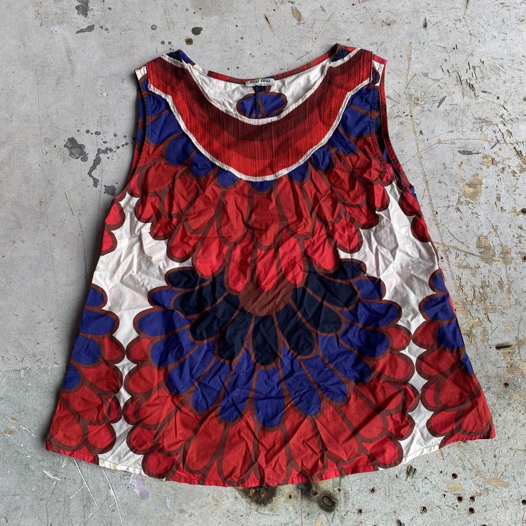 Miu Miu Multicolored Sleeveless Top (Category: Luxury Apparel) located in Quezon City. Submitted by rebirthalley (Listing ID 1464008228, Image 1). Description: Width-16 Length-21.5 Shoulder-12.5 Hem-21.5 Excellent Condition Need wash only.