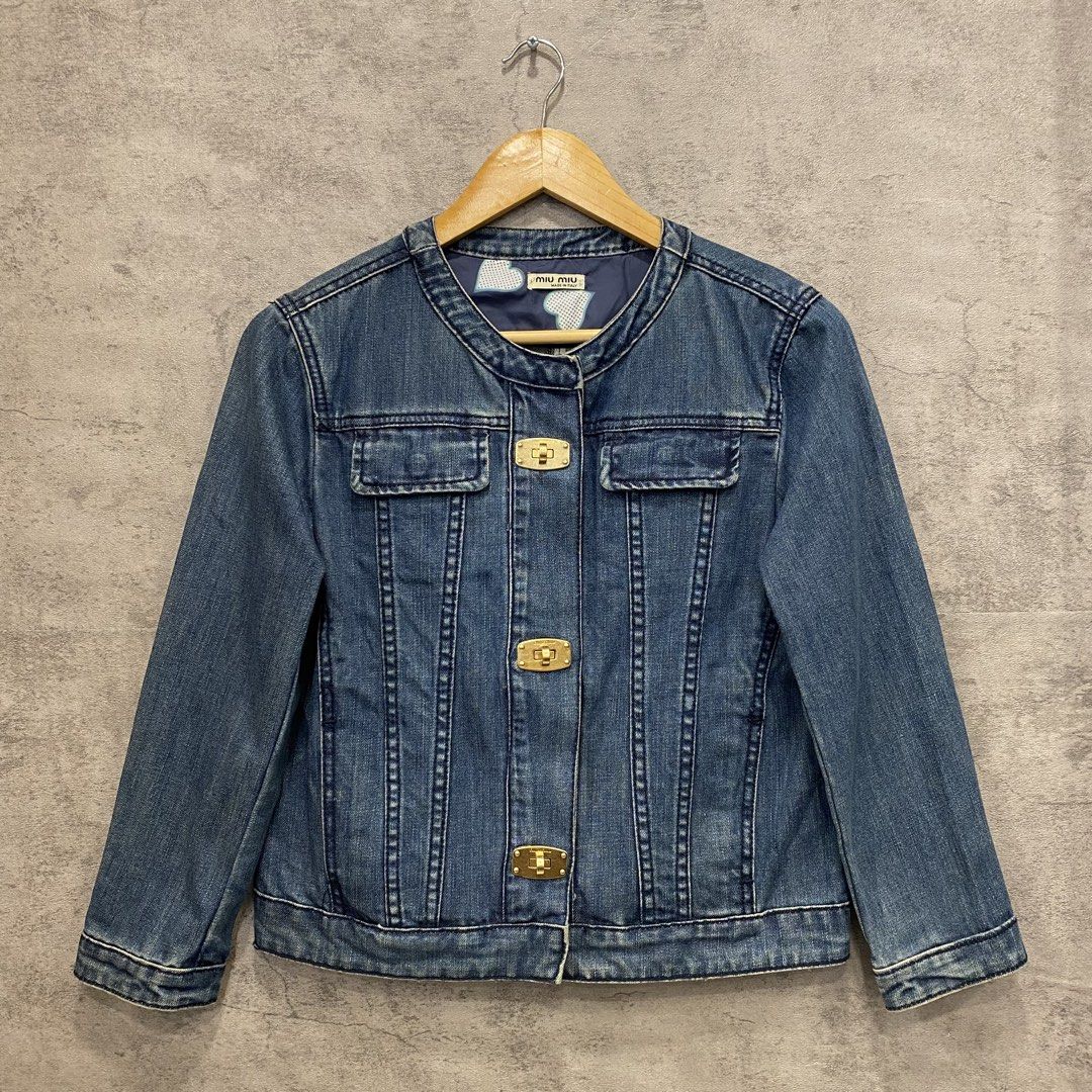Miu Miu Twisted Lock Denim Jacket (Category: Luxury Apparel) located in Quezon City. Submitted by rebirthalley (Listing ID 1463976809, Image 1). Description: Width-17.5 Length-21.5 Sleeve-19.5 Shoulder-15 Hem-18 Excellent Condition No flaws .