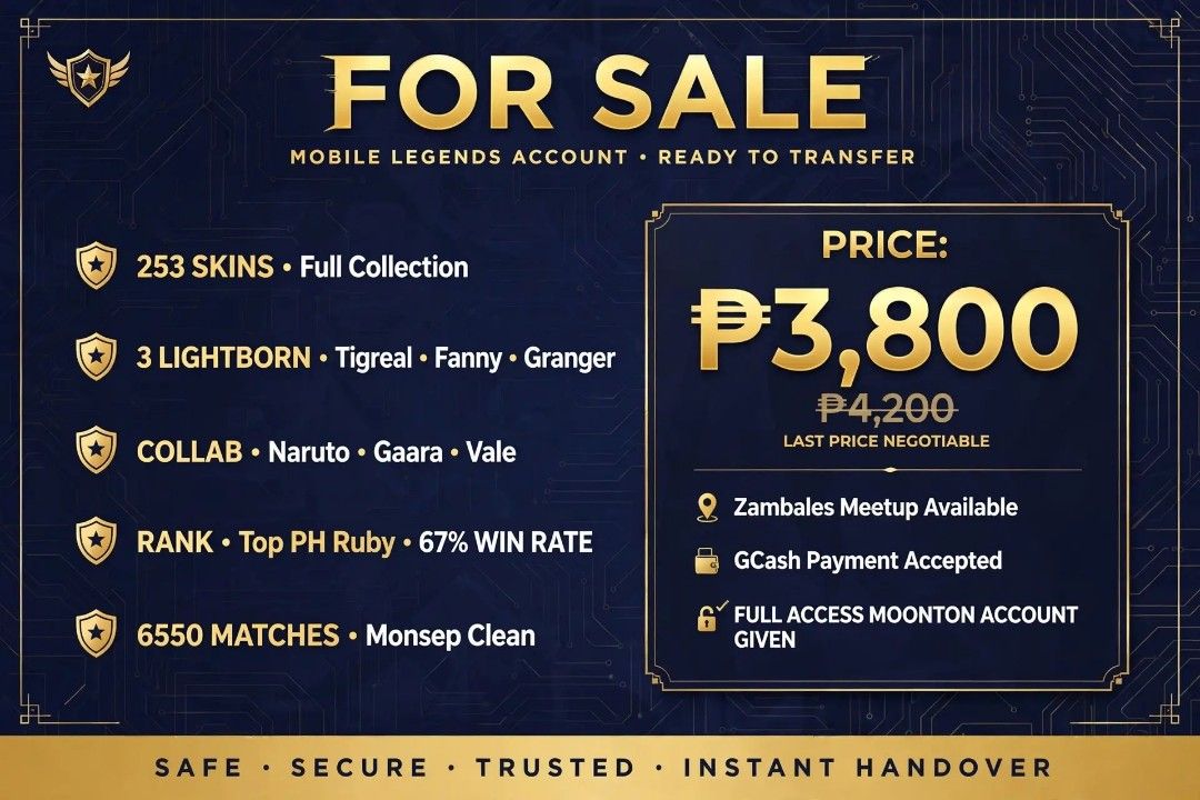 ML account (Category: Game Gift Cards & Accounts) located in Manila. Submitted by happyturtle.699d14 (Listing ID 1464068787, Image 1). Description: > FOR SALE: MAIN ACCOUNT - ₱4,200 to 3,800 Last price NEGO / RUSH FOR PHONE > > 📱 RFS: Need funds > 📍 Loc: Botolan Zambales - meet up > ACCOUNT DETAILS: > ⭐ Rank: Ex-Immortal 160 stars / Current Mythic I > 🎮 ID: 10**** (PM for full ID) > ❤️ 6550 Matches / 5009 Likes > 🦸 133 Heroes / 253 Skins / Al