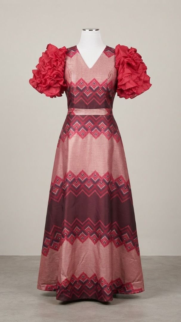 Modern Filipiniana in Geometric Pattern (Category: Dresses) located in Quezon City. Submitted by pyress (Listing ID 1463968198, Image 1). Description: - Elegant floor-length dress - Flattering V-neckline - Striking ruffled sleeves in bright red - Luxurious fabric with a subtle sheen - Bold geometric zigzag pattern in burgundy and pink - Cinched waist for a defined silhouette - Ideal for Filipiniana themed events - Fits Small to Medium.