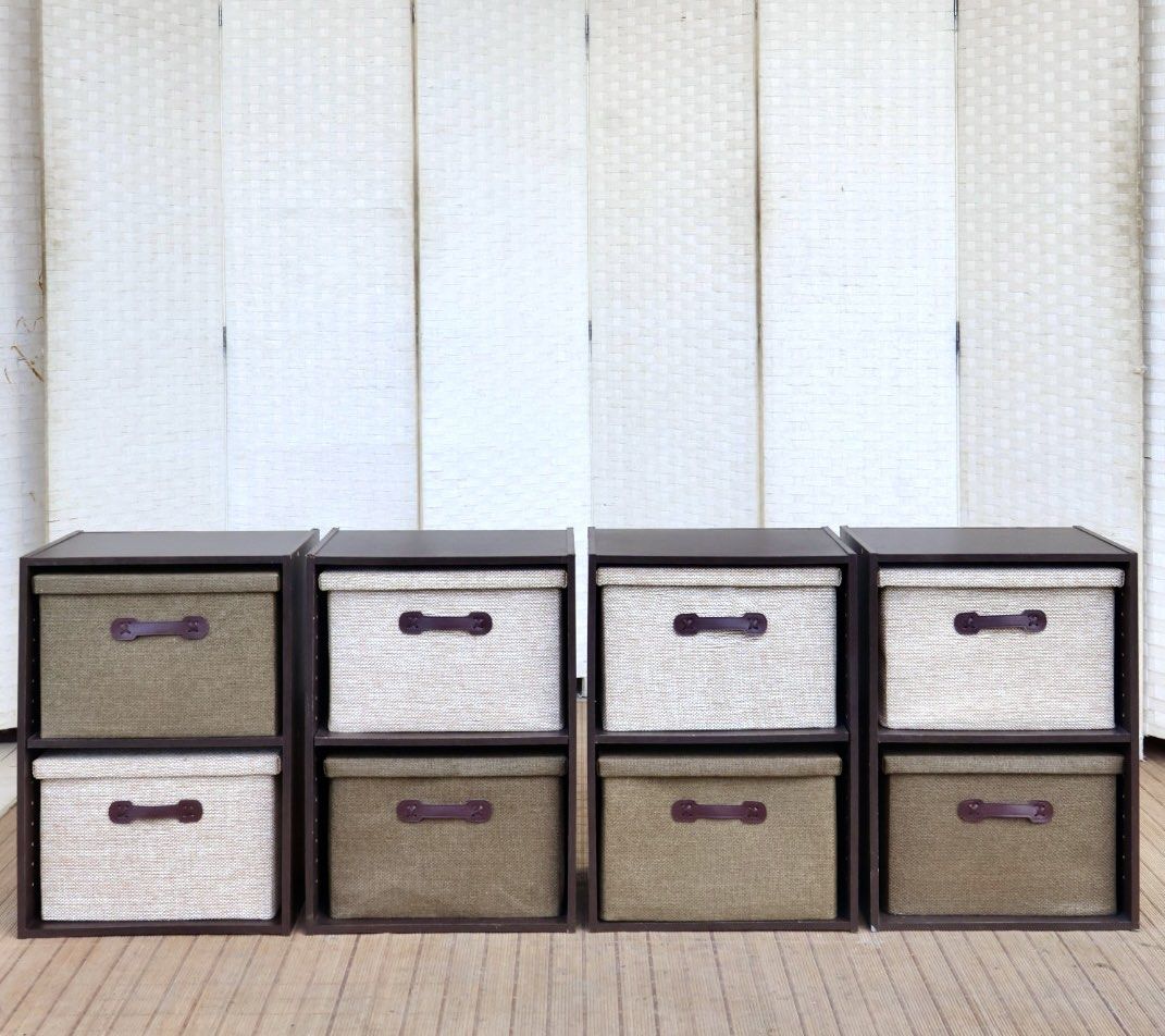 Modular Storage Cube Organizers with Fabric Bins (Category: Storage Boxes & Baskets) located in Bulacan. Submitted by FurnitureGallery (Listing ID 1463996852, Image 3). Description: - Set of modular storage cubes - Includes 9 fabric bins (mix of dark green and light beige) - Sturdy dark brown frame - Stackable and configurable for various storage needs - Perfect for organizing books, toys, and more - Fabric bins feature convenient handles JAPAN S