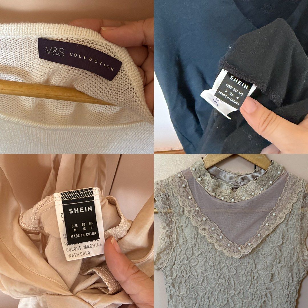 M&S Collection & SHEIN Tops Bundle (Size M/38) (Category: Blouses) located in Rodriguez. Submitted by mykaignacio (Listing ID 1463949112, Image 2). Description: - Bundle of 4 tops - Size S-M - Includes: - White M&S Collection knit top - SHEIN black short-sleeve top with polka dot sleeves (brand new) - SHEIN beige camisole - Beige lace top with pearl details - Great for mixing and matching outfits - Please refer to photos for individual tops detai
