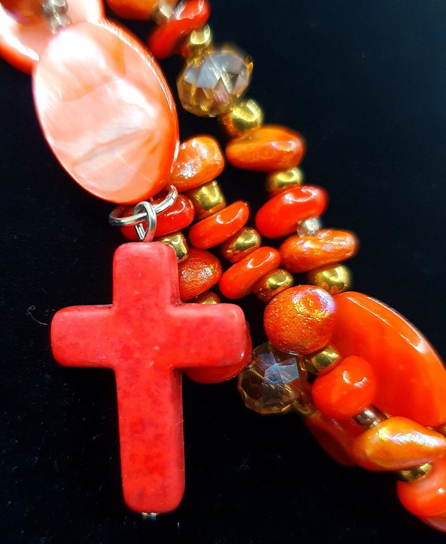 Red Stone Cross Multi-Layer Necklace, Boho Core Aesthetic (Category: Necklaces) located in San Juan City. Submitted by loulous_boutique_manila (Listing ID 1464057777, Image 3). Description: 🌸 Multi-layered Red stone necklace 🌸 With Mother of pearl and glass beads 🌸 Adorned with several red cross charms, including a large central one 🌸 Length of Necklace: 15 inches with 3-inch extender 🌸 Core Aesthetic: Boho 🌸 On-Trend Style for 2026: Chunky