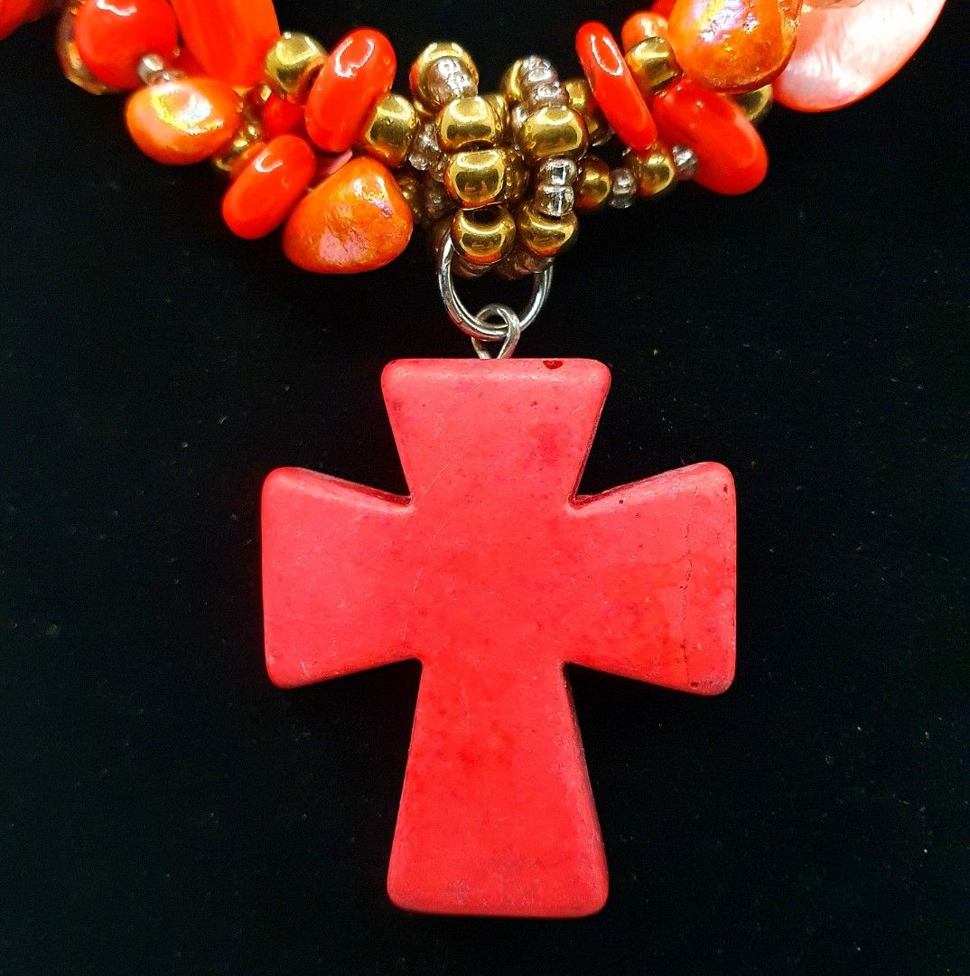 Red Stone Cross Multi-Layer Necklace, Boho Core Aesthetic (Category: Necklaces) located in San Juan City. Submitted by loulous_boutique_manila (Listing ID 1464057777, Image 2). Description: 🌸 Multi-layered Red stone necklace 🌸 With Mother of pearl and glass beads 🌸 Adorned with several red cross charms, including a large central one 🌸 Length of Necklace: 15 inches with 3-inch extender 🌸 Core Aesthetic: Boho 🌸 On-Trend Style for 2026: Chunky