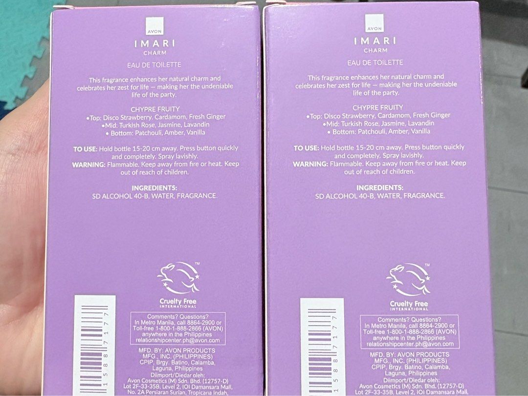 New Avon Imari Charm Eau de Toilette 50ml (Category: Fragrance & Deodorants) located in San Juan City. Submitted by jandia0820 (Listing ID 1463991920, Image 2). Description: - Avon Imari Charm Eau de Toilette bottles - Each bottle contains 50ml - Fragrance designed to enhance natural charm and celebrate zest for life - Top Notes: Dicco Strawberry, Cardamom, Fresh Ginger - Middle Notes: Rose, Patchouli, Amber - Base Notes: Vanilla, Patchouli - Com