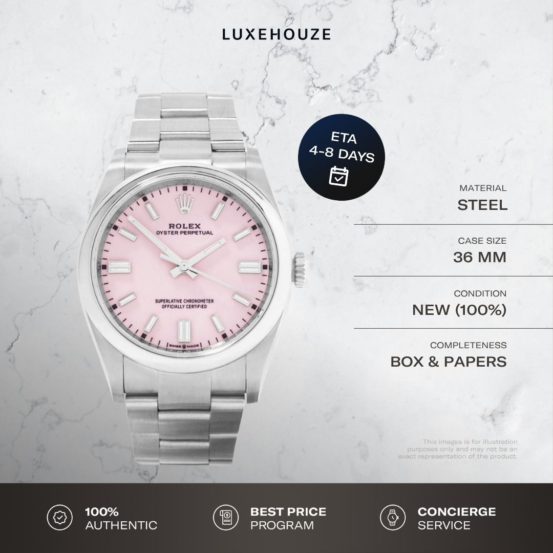 New Sep 2026 Rolex Oyster Perpetual 36 126000 Candy Pink Dial Oyster (Category: Watches) located in Singapore. Submitted by luxehouze (Listing ID 1460389330, Image 1). Description: Luxehouze is your trusted marketplace to buy and sell luxury goods. Luxehouze SG Pte Ltd is a licensed luxury goods marketplace and regulated dealer. WHY US? 100% Authentic with Money-Back Guarantee Best Price Program* Curated Collection * T&Cs apply. OUR SERVICES • Wa