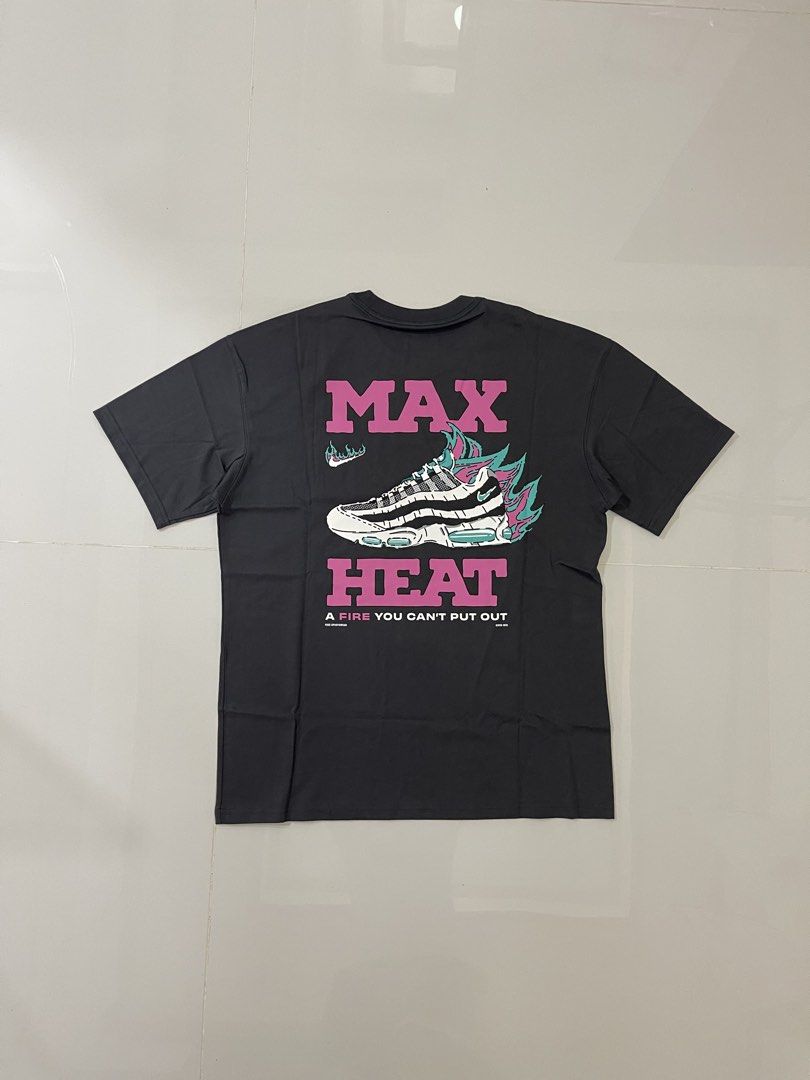 Nike 'Max Heat' T-Shirt - Black (Category: Tshirts & Polo Shirts ) located in Tarlac. Submitted by swoosh_garmentz (Listing ID 1464042911, Image 2). Description: Black Nike tee with 'Max Heat' graphic on the back. Features a Nike Air Max 95 graphic with flames. Small Nike logo on the front chest. Cotton fabric. Great for casual wear..