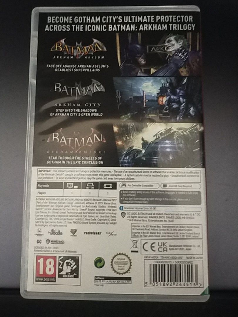 Nintendo Switch Batman Arkham Trilogy Game (Category: Nintendo) located in Paranaque City. Submitted by gentle.declutter (Listing ID 1464061927, Image 2). Description: ✅ Games Included: • Arkham Asylum — on cartridge • Arkham City — download required (~54 GB) • Arkham Knight — download required (~54 GB) ✅ All DLC included — full complete trilogy experience ✅ PEGI 18 — European version ✅ Condition: Cartridge clean, case complete, no damage ⚠️ Impo