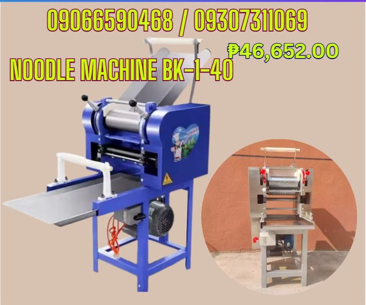 Noodle Machine BK-1-40 (Category: Industrial Equipment) located in Caloocan City. Submitted by cosmiccloud.e1f68b (Listing ID 1463945343, Image 1). Description: Noodle machine BK-1-40 Php57,600.00 "Roll size:80*200mm Capacity:30~40kg/h Voltage/Power:220V,1.5KW Dimension:540*430*1050mm Machine weight:75kg" ✅ Quality products ✅ Big discount for bulk orders ✅ 100% LEGIT TRUSTED SUPPLIER! ✅ With Complete Legal Documents ✅ BIR Registered ☎️ For Inquir