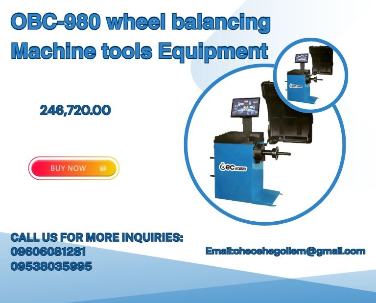 OBC-980 wheel balancing Machine tools Equipment (Category: Home Improvement Tools & Accessories) located in Caloocan City. Submitted by liezelmonl80299 (Listing ID 1463943228, Image 1). Description: ●Rim diameter: 30 inch ●Rim width: 1.5''-16'' ●Max. Wheel weight: 80kg ●Motor Parameters: Magnetic levitation drive ●Balancing accuracy: ±1g ●Gross Weight: 130kgs ●Net weight: 100kgs ●Dimension: 1160mm* 600mm*1400mm .