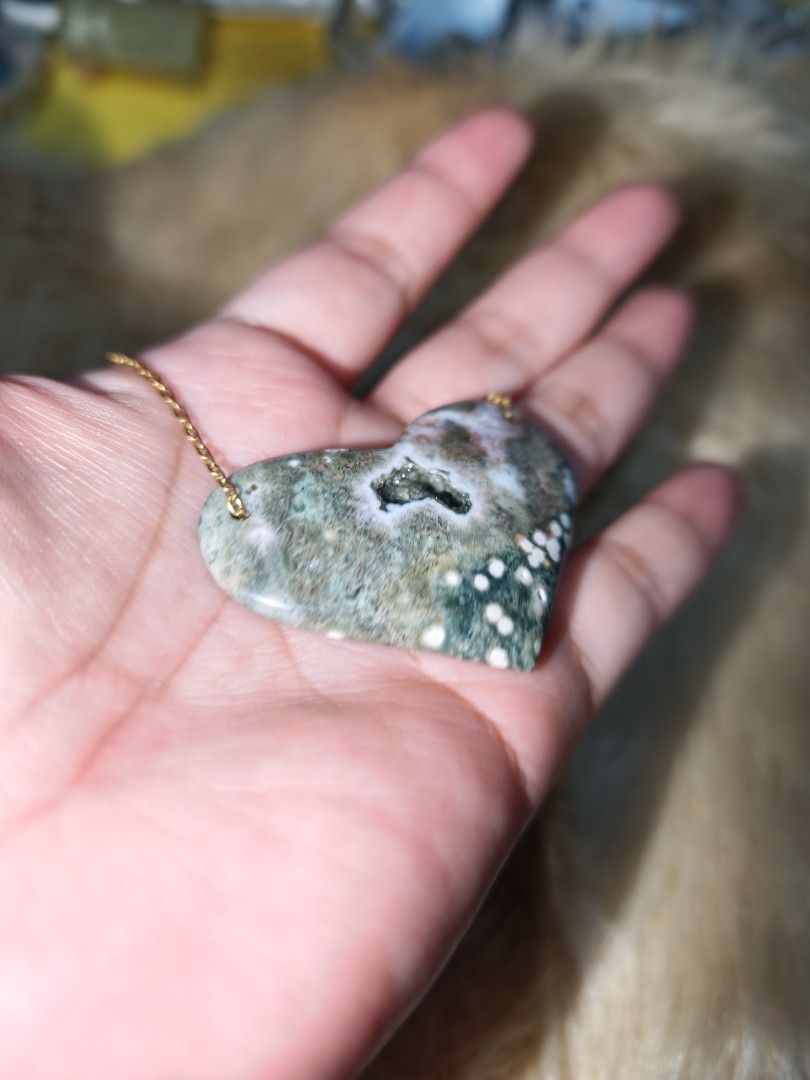 Ocean Jasper Big Heart Pendant (Category: Necklaces) located in Quezon City. Submitted by piaoliangcollections.ph (Listing ID 1463953452, Image 2). Description: Made from Natural Crystal stone of Ocean Jasper. Get it now. Only one piece available. Ocean Jasper is traditionally believed to bring joy, emotional healing, and a calming "go with the flow" energy. Emotional Benefits Stress Relief: Promotes relaxation and helps lift gloomy or stagnant m