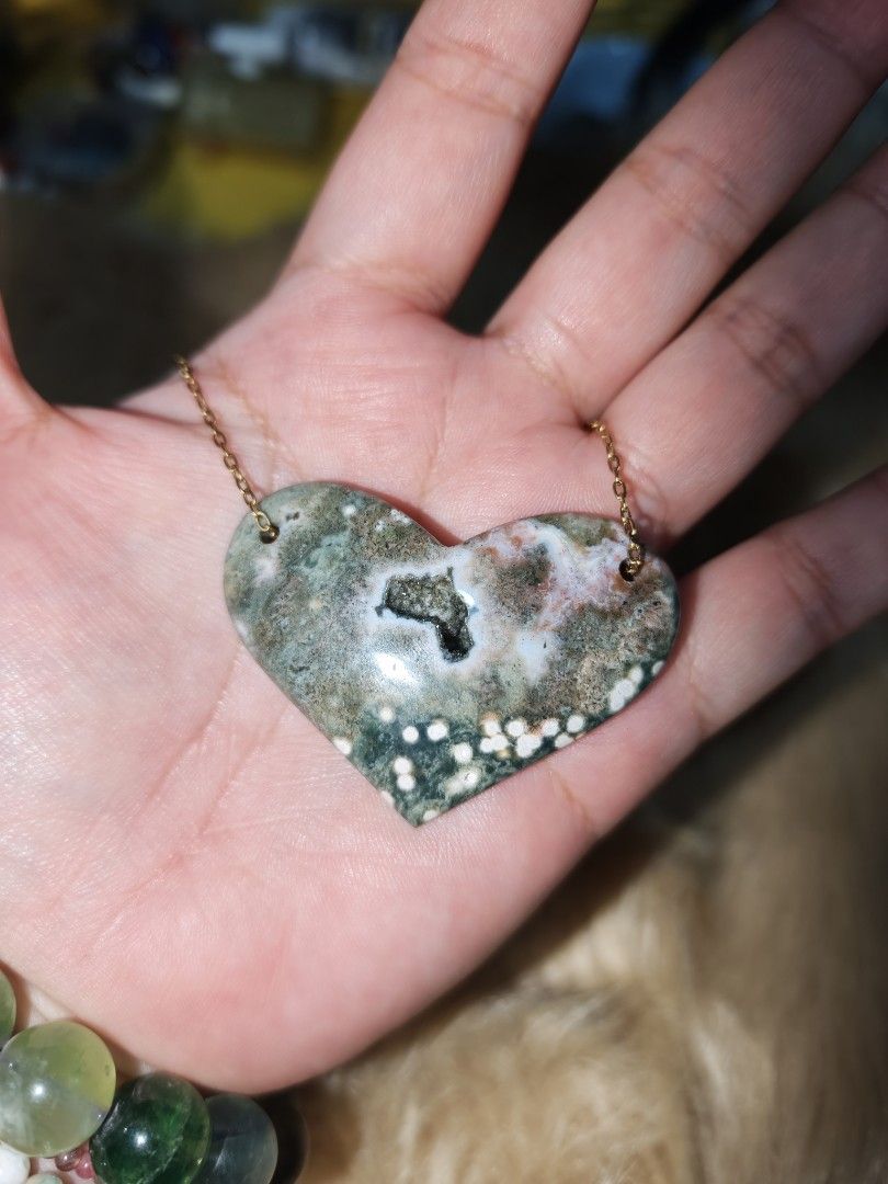 Ocean Jasper Big Heart Pendant (Category: Necklaces) located in Quezon City. Submitted by piaoliangcollections.ph (Listing ID 1463953452, Image 3). Description: Made from Natural Crystal stone of Ocean Jasper. Get it now. Only one piece available. Ocean Jasper is traditionally believed to bring joy, emotional healing, and a calming "go with the flow" energy. Emotional Benefits Stress Relief: Promotes relaxation and helps lift gloomy or stagnant m