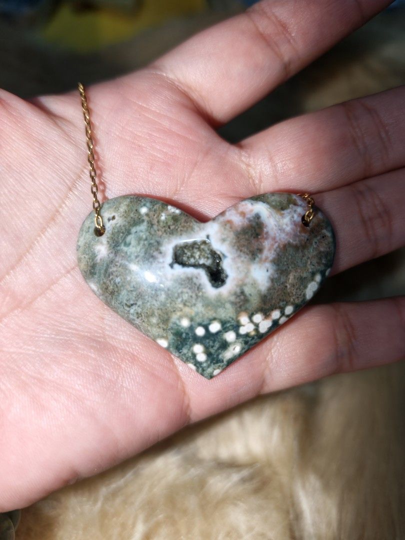 Ocean Jasper Big Heart Pendant (Category: Necklaces) located in Quezon City. Submitted by piaoliangcollections.ph (Listing ID 1463953452, Image 1). Description: Made from Natural Crystal stone of Ocean Jasper. Get it now. Only one piece available. Ocean Jasper is traditionally believed to bring joy, emotional healing, and a calming "go with the flow" energy. Emotional Benefits Stress Relief: Promotes relaxation and helps lift gloomy or stagnant m