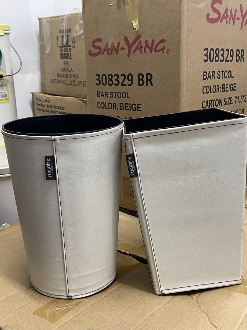Office trash bins (leather exterior) (Category: Waste Bins & Bags) located in Muntinlupa City. Submitted by declutter.clubph (Listing ID 1464102108, Image 2). Description: ₱250 each (take all ₱200) Display pullouts 3 different colors: brown, red, ivory 2 different size: Small, Large 2 different shapes: Cylinder, Square In stock: 34pcs .