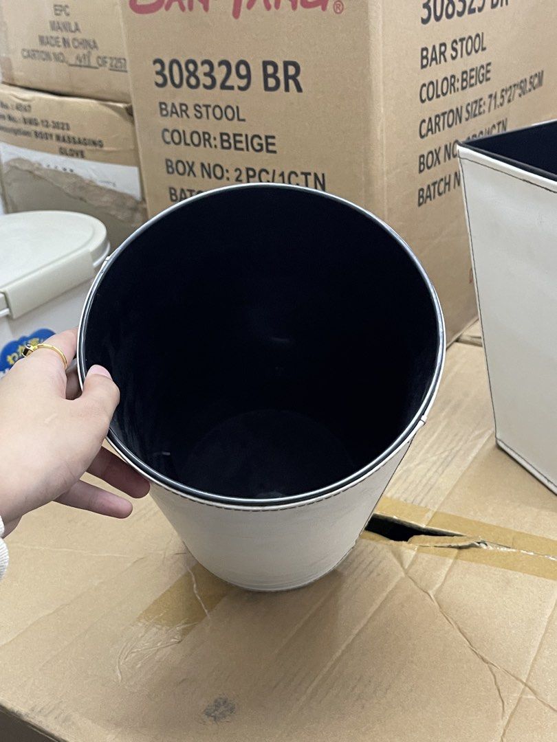 Office trash bins (leather exterior) (Category: Waste Bins & Bags) located in Muntinlupa City. Submitted by declutter.clubph (Listing ID 1464102108, Image 3). Description: ₱250 each (take all ₱200) Display pullouts 3 different colors: brown, red, ivory 2 different size: Small, Large 2 different shapes: Cylinder, Square In stock: 34pcs .