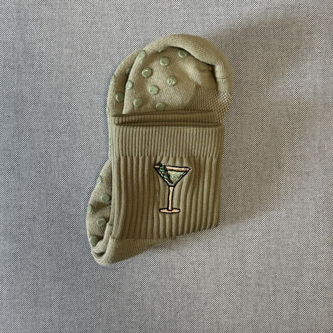 Olive Green Grip Socks with Martini Embroidery (Category: Socks & Tights) located in Quezon City. Submitted by averioph (Listing ID 1464019272, Image 1). Description: - Olive green socks - Grip dots on sole and heel for anti-slip - Cute embroidered martini glass on ankle - Ribbed cuff for a secure fit - Ideal for home lounging, yoga, or pilates.