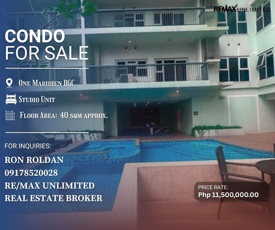 ONE MARIDIEN BGC FOR SALE (Category: Apartments & Condos) located in Makati City. Submitted by REMAXUNLIMITEDPH (Listing ID 1463984573, Image 1). Description: ✅RE/MAX UNLIMITED LISTING ✅FOR SALE ✅ONE MARIDIEN BGC STUDIO UNIT 40 SQM LOW FLOOR FACING AMENITIES UNFURNISHED NO PARKING BNEW UNIT FOR TURNOVER 2Q 2027 ASKING PRICE: PHP 11.5M DIRECT TO OWNER For Inquiries, presentation, site visit schedule and other inquiries please contact: RON ROLDAN R
