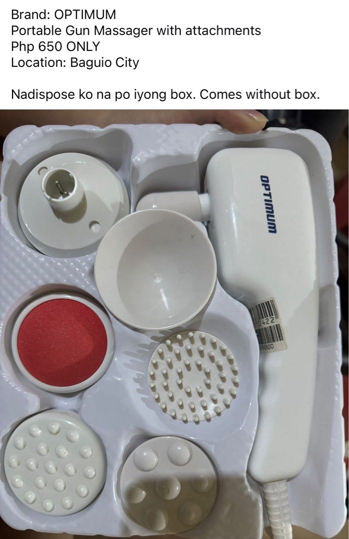 Optimum Portable Gun Massager with Attachments (Category: Massage Devices) located in Manila. Submitted by heath2600 (Listing ID 1464100442, Image 1). Description: - Optimum portable gun massager - Comes with various attachments for different massage needs - Ideal for personal use - Price: Php 650 - Location: Baguio City - Ships without original box.