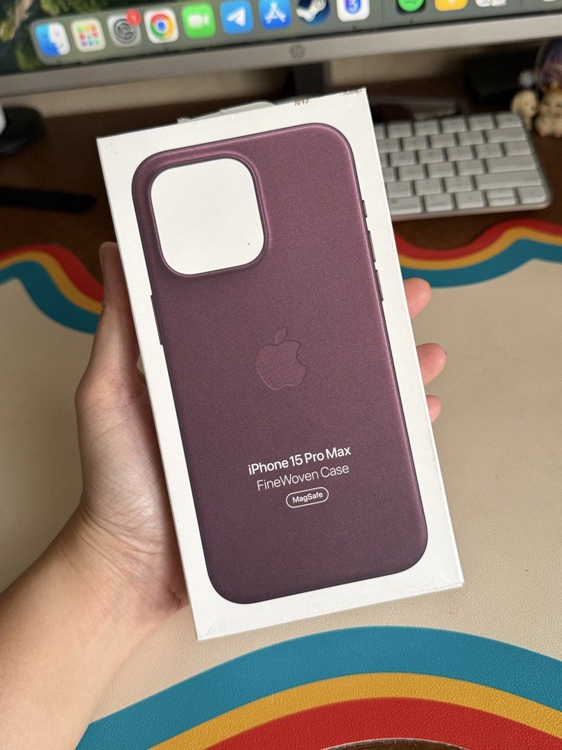 Original Apple FineWoven Mulberry Case for iPhone 15 Pro Max (Category: Cases & Sleeves) located in Manila. Submitted by razelysonn (Listing ID 1464005707, Image 1). Description: FIXED PRICE last piece Location: binondo.