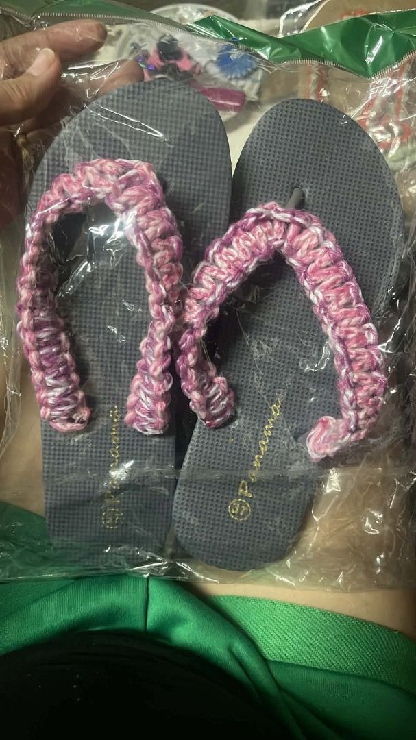 Panama Flip-flops with Crochet Straps - Various Colors & Sizes (Category: Slippers and slides) located in Caloocan City. Submitted by silverwolf_6094c4 (Listing ID 1464069304, Image 3). Description: - Cute Panama flip-flops - Handmade crochet straps - Available colors: Purple (green/pink straps), Dark Grey (pink straps), Blue (orange/blue straps), Dark Blue (blue straps), Pink Floral (light blue straps) - Available sizes: 37, 38 - Ideal for casua
