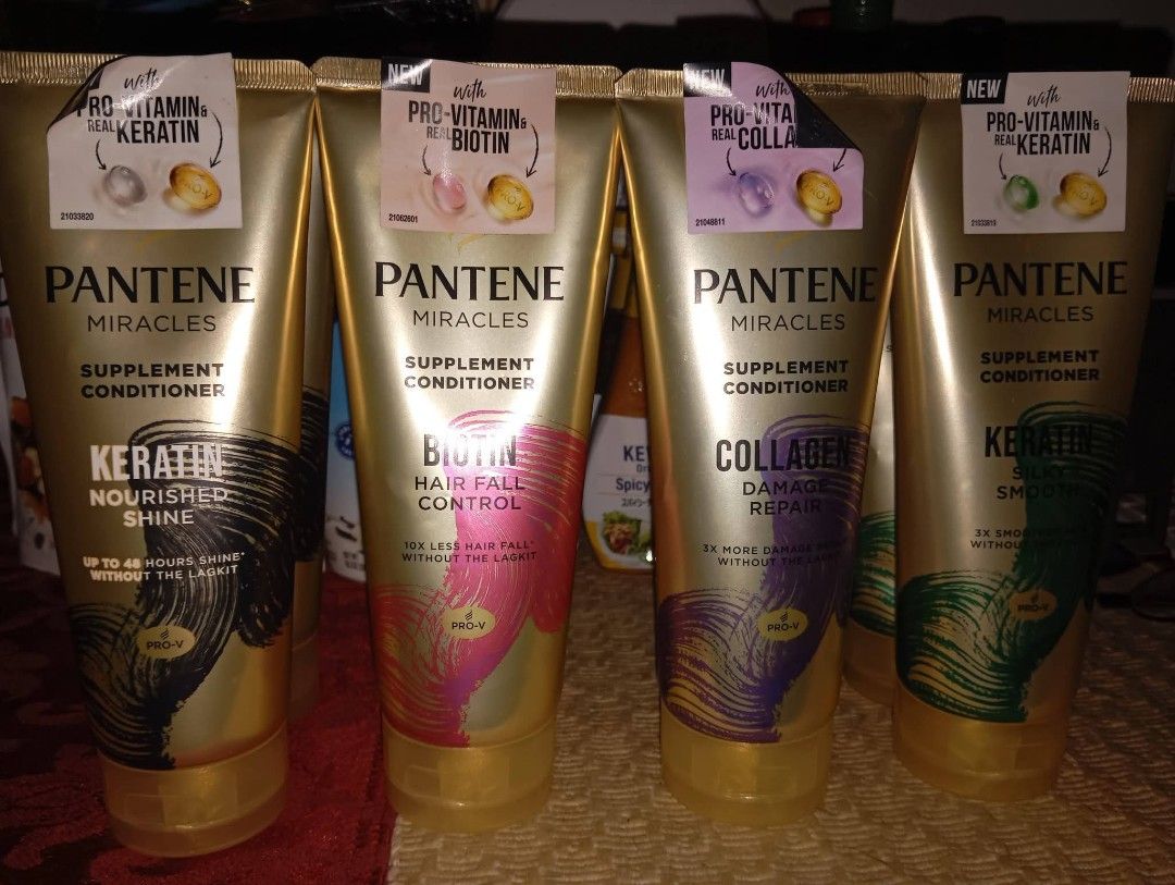 Pantene Miracles Supplement Conditioner - Keratin, Biotin, Collagen (Category: Hair) located in Quezon City. Submitted by mkesimsa_six67 (Listing ID 1463970664, Image 1). Description: -200 each Pantene Miracles Supplement Conditioner - Available Variants: Keratin Nourished Shine, Biotin Hair Fall Control, Collagen Damage Repair - Size: 270ml bottles - Benefits: Adds nourishment and strength to your hair - Perfect for improving hair health and vit