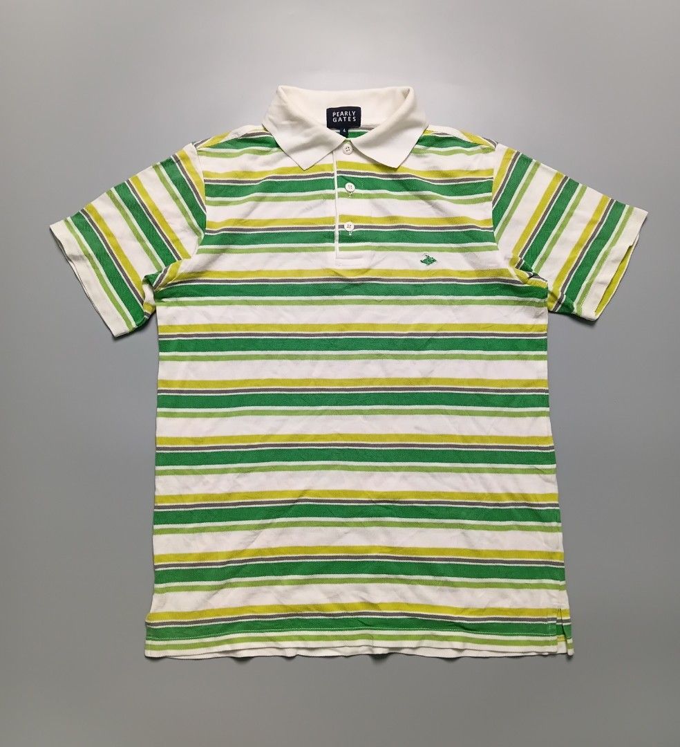 Pearly Gates. POLO SHIRT (Category: Tshirts & Polo Shirts ) located in Manila. Submitted by hustler_777 (Listing ID 1464034820, Image 1). Description: Key Features Observed:Brand Label: The inner neck tag explicitly reads "PEARLY GATES" with a size number 4 printed right below it.Signature Logo: On the lower right chest area, there is a small embroidered green rabbit flying motif, which is the iconic mascot of the brand.Design & Styling: Features