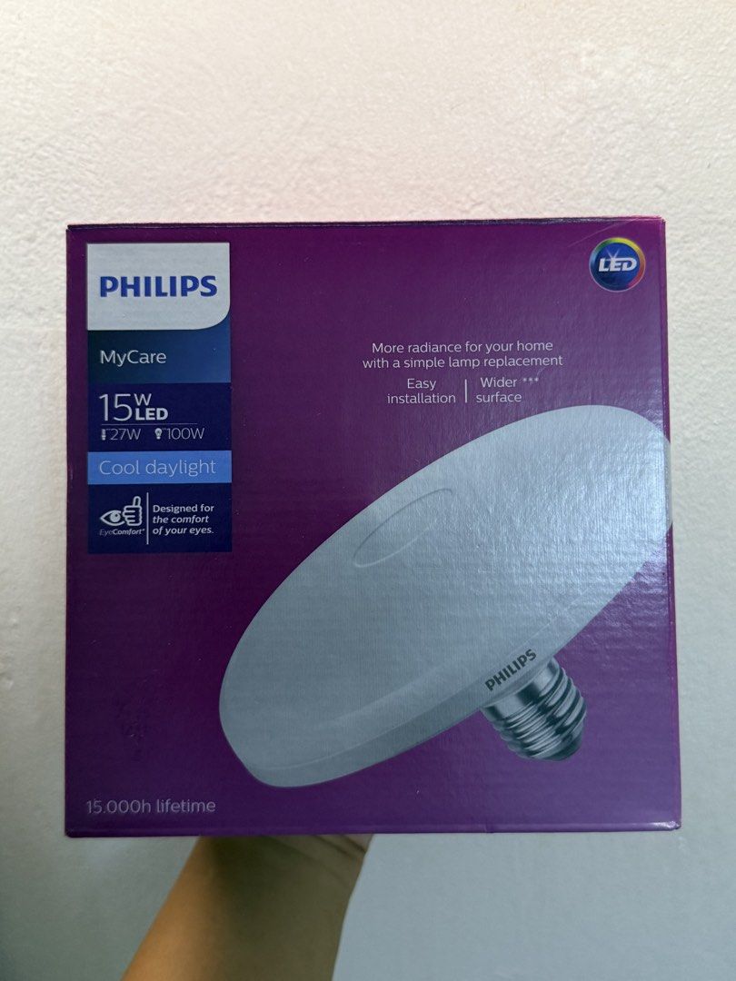 Philips MyCare LED Bulb 15W Cool Daylight (Category: Lighting) located in Mandaluyong City. Submitted by nftp24 (Listing ID 1464093027, Image 1). Description: - Philips MyCare LED Bulb: 15W (100W incandescent equivalent) - Bright Cool Daylight illumination - EyeComfort Technology for reduced eye strain - Long Lifespan: 15,000 hours - Easy Installation with wider surface - BONUS: E27 LED Bulb with 30,000h lifehours - BONUS: Ceiling Light Fixture w