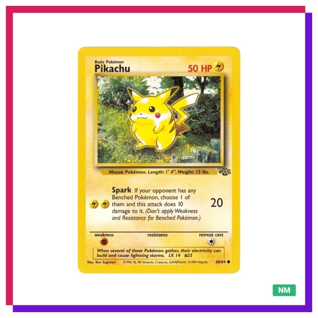 Pikachu (Category: Raw Singles) located in Quezon City. Submitted by sherylneri (Listing ID 1464030866, Image 1). Description: 1999 Pokemon Base Set - Pikachu | Jungle | 60/64 | EN 💯 Original 💯 Authentic • Card condition is indicated in the photo. (MT) Mint (NM) Near Mint (EX) Excellent (GD) Good (PR) Poor • Can send additional photos/videos upon request. • Manage your expectations for vintage cards. • ALL CARDS are sleeved and encased in a top