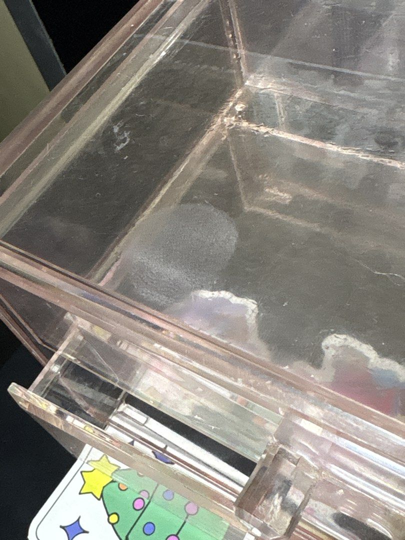 Pink Acrylic Organizer from Miniso (Category: Accessory Holder, Box & Organizers) located in Taguig. Submitted by 4ly.finds (Listing ID 1464080774, Image 3). Description: - has spots that idk how to remove - has scratches (not too visible) - X sensitive - high quality thick acrylic (almost glass) read about!.