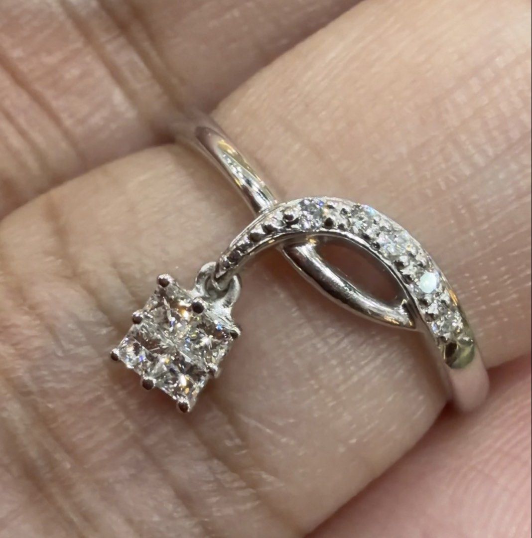 Platinum Dangle Diamond Ring (Category: Rings) located in Las Pinas. Submitted by houseofgems0 (Listing ID 1464078187, Image 3). Description: Platinum Dangle Diamond Ring Details: - PT900 | 2.6 grams - Size: 6 - 5 round and 4 princess-cut natural diamonds - Total Carat Weight: .15ct stamped - PRICE: ₱21,000 💎 All items are 100% AUTHENTIC/PAWNABLE. 💎 LAYAWAY AVAILABLE 4 months no interest. Send us a message to inquire..