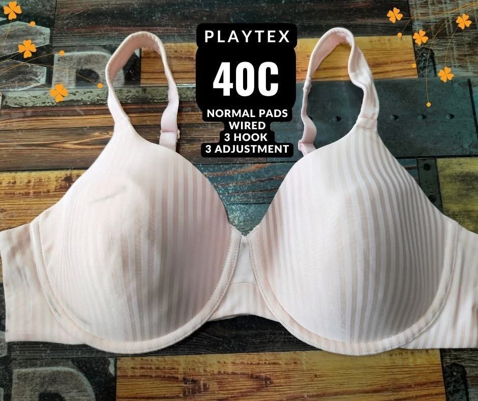 Playtex 40C Normal Pads Wired Bra (Category: Undergarments & Loungewear) located in Manila. Submitted by siashop. (Listing ID 1464050452, Image 1). Description: - Brand: Playtex - Size: 40C - Type: Wired bra with normal pads - Closure: 3 hooks, 3 adjustments - Design: Subtle striped pattern - Ideal for: Everyday wear.