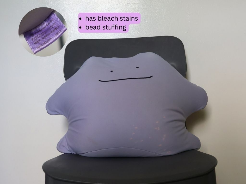 Pokemon Center Ditto Plush (Category: Plushies & Soft Toys) located in Baler. Submitted by nelle_b (Listing ID 1463973484, Image 1). Description: - Ditto plush - Filled with beads - With bleach stains - Pokemon Center.