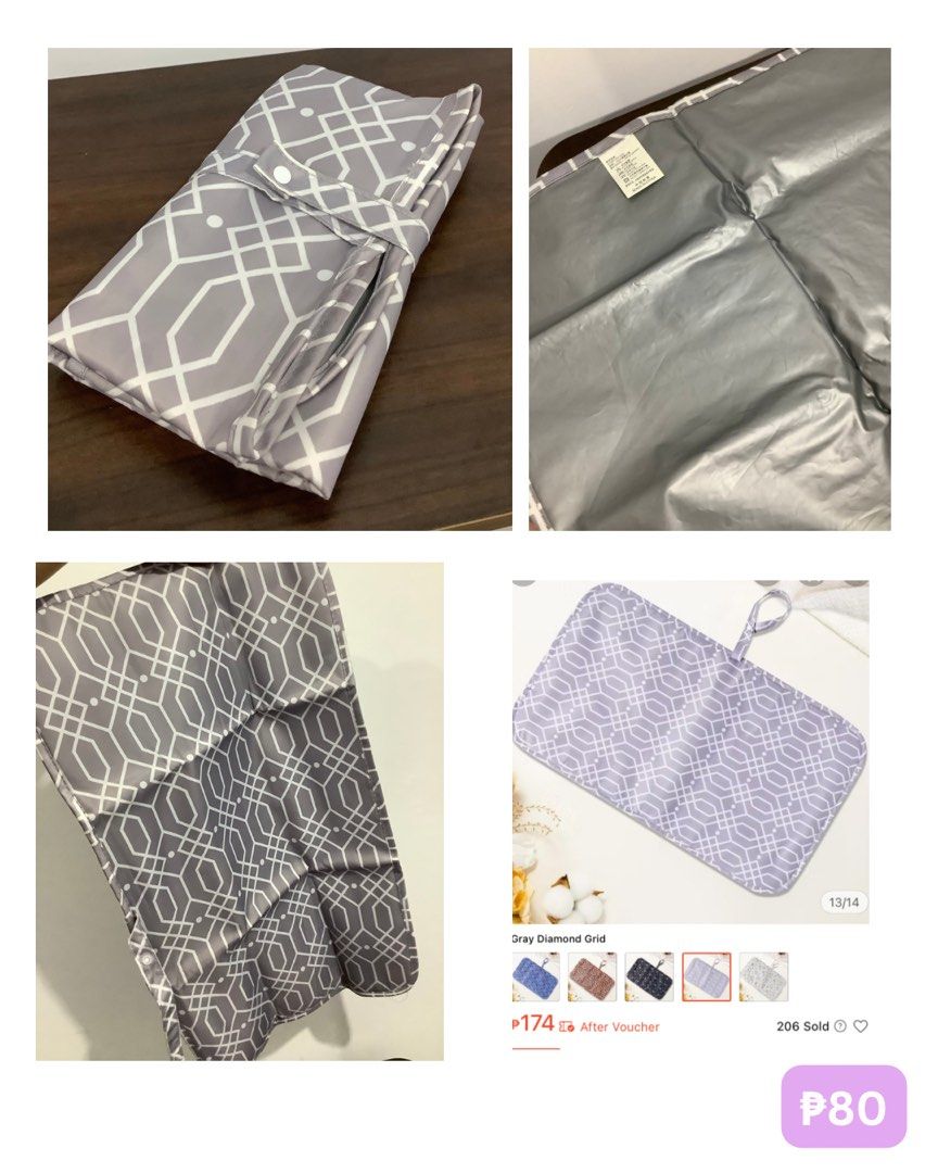 Portable Diaper Changing Pad Mat Gray Diamond Grid (Category: Changing Mats & Accessories) located in San Leonardo. Submitted by siobhanslittlecloset (Listing ID 1464102753, Image 1). Description: - Easy to fold and carry for diaper changes on the go. - Stylish gray diamond grid pattern on the exterior. - Smooth, wipeable interior surface for easy cleaning. - Secure snap closure keeps it neatly folded. - Compact and convenient for your diaper bag