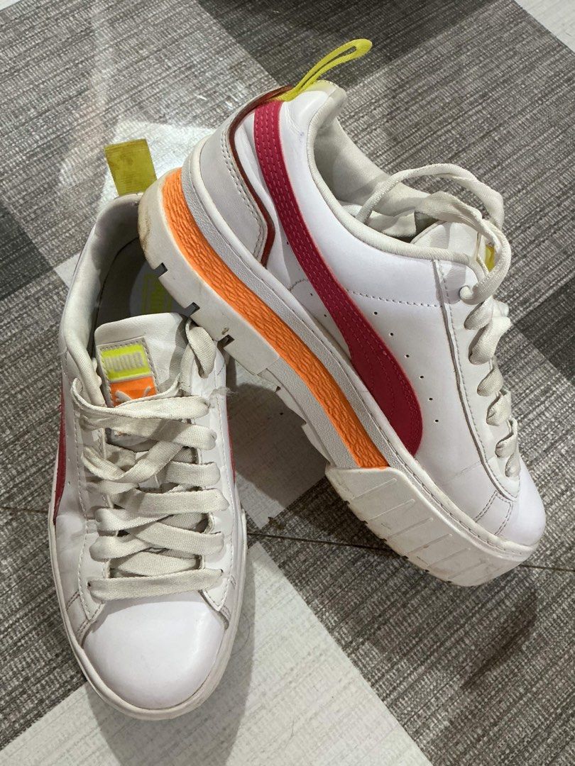 Puma White Pink Orange Platform Sneakers Size 7 (Category: Sneakers) located in Bocaue. Submitted by bajiborgy08 (Listing ID 1464033781, Image 2). Description: - White Puma sneakers - Pink and orange accents - Platform sole - Lace-up closure - Yellow pull tabs at the heel - Made in Vietnam - Size 235 (23.5cm).