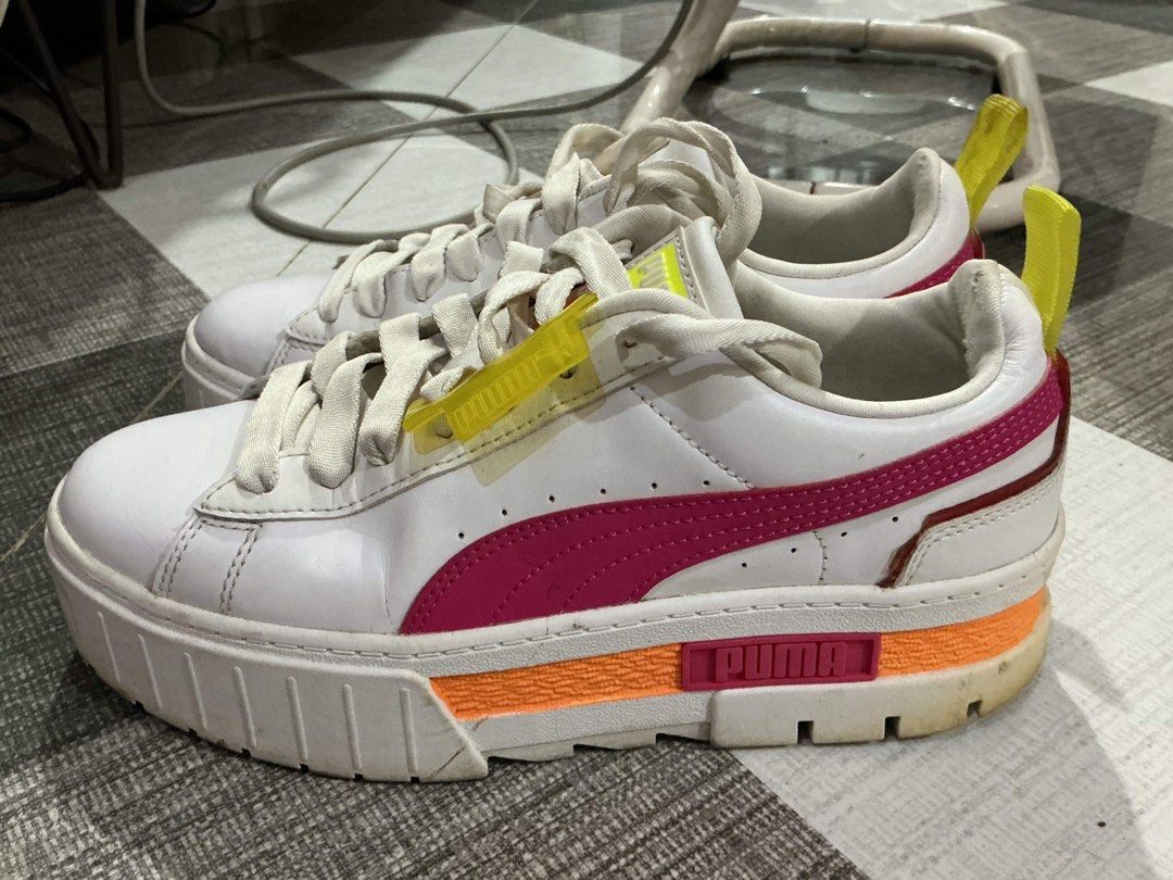 Puma White Pink Orange Platform Sneakers Size 7 (Category: Sneakers) located in Bocaue. Submitted by bajiborgy08 (Listing ID 1464033781, Image 3). Description: - White Puma sneakers - Pink and orange accents - Platform sole - Lace-up closure - Yellow pull tabs at the heel - Made in Vietnam - Size 235 (23.5cm).