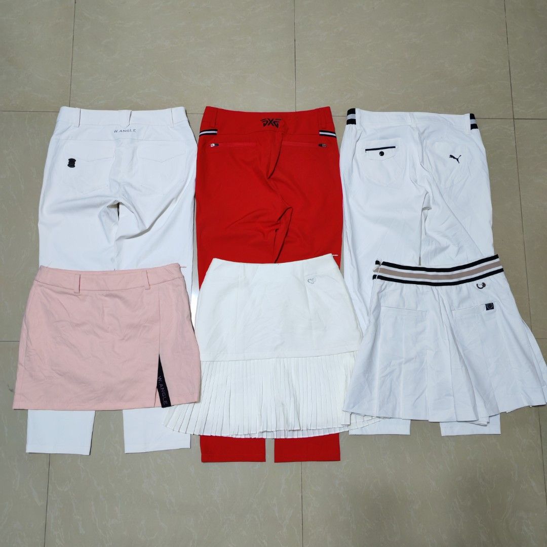 PXG, w.angle, Puma Golf Pants & Skirts (Category: Golf) located in Manila. Submitted by ryandip88861707 (Listing ID 1464072174, Image 1). Description: - Bundle includes 5 women's golf apparel items. - Red PXG pants - White W.Angle pants - White Puma pants - Pink W.Angle skirt - White pleated skirt - All items are women's sizes and perfect for the golf course..