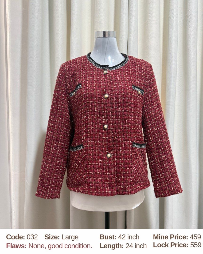 Quality Tweed Blazer (Category: Coats, Jackets and Outerwear) located in Manila. Submitted by amorelle.closet (Listing ID 1463977322, Image 2). Description: PART 4 ✨ Code: 032 - 033 - 034 - 035 - 036 - 037 - LOCK. Sold via FB page. 042 - (Please read!) NEW MINERS: Please send your complete details before we acknowledge your comment. No order form = Your comment will be considered invalid. IMPORTANT REMINDERS FOR BUYERS: — Comment MINE + CODE | LO
