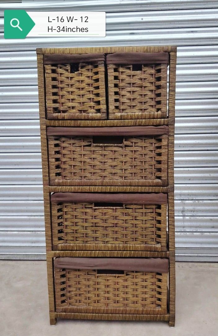 Rattan Drawer (Category: Shelves, Cabinets & Racks) located in Taguig. Submitted by sydney08.owl (Listing ID 1463996208, Image 1). Description: ✨ Japan Surplus Woven Basket Storage Drawer ✨ 🏡 Ideal for: • Bedroom • Living Room • Bathroom • Kitchen • Laundry Area 📏 Size: • Length: 16 inches • Width: 12 inches • Height: 34 inches ✨ Features: ✅ Imported from Japan ✅ Good used condition ✅ 5 spacious woven storage baskets ✅ Lightweight and space-sav